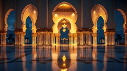 Majestic architectural beauty of a grand mosque at dusk, illuminated by soft golden lights