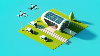 Futuristic isometric 3D low poly depiction of a transportation hub with drones and autonomous vehicles in a vibrant environment