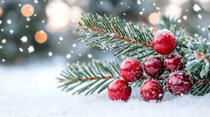 Christmas cranberries on snow, festive winter scene, beautiful winter setting, for holiday greeting cards