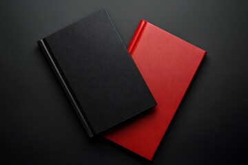 Black and red leather notebook on black background.