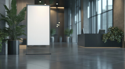 In a sleek and contemporary building, a blank pull-up banner stands ready for promotional use. The spacious reception area features elegant greenery and large windows, enhancing the atmosphere
