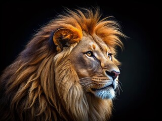 Naklejka premium Majestic Lion Head Profile, Powerful King of the Jungle, Black Background Stock Photo