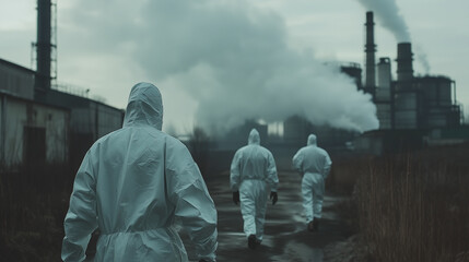 Three people in protective suits walk towards industrial facility emitting smoke, highlighting environmental concerns. scene is set in gloomy, overcast atmosphere