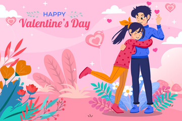 Valentine's day A couple falling in love hugs and Happy. Cute cartoon vector illustration background