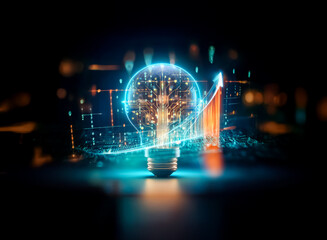 Glowing light bulb with digital network inside and an upward arrow, symbolizing innovation, growth, and technology in a dark environment.