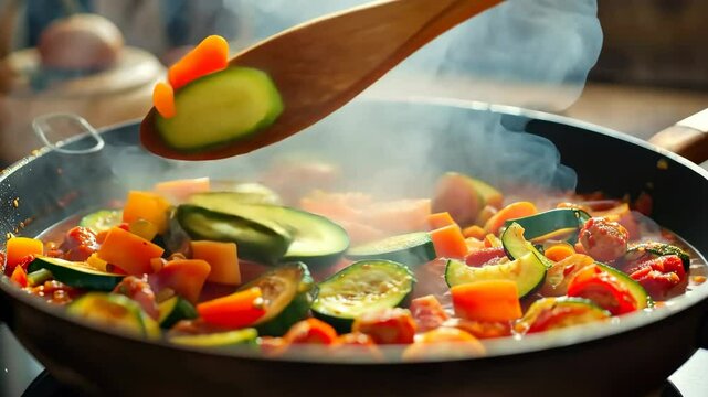 Steaming grilled vegetables, carrot, green bean, broccoli, pepper dish. Sizzling hot plate of stir fry colorful veggie mix. Frying pan with healthy food meal. Ratatouille with smoke steam preparation