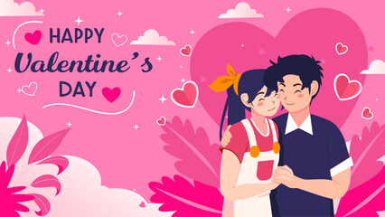 Valentine's day A couple in love hugs and holding hands. Cute cartoon vector illustration background