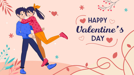 Couple of happy young man and woman hugging. Valentine's day joyful teen boyfriend and girlfriend embracing. Flat cute cartoon vector illustration background