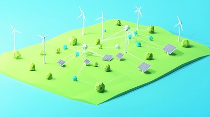 Isometric 3D Low Poly Style Depiction of Renewable Energy Network with Wind Turbines and Solar Panels in Low Resolution