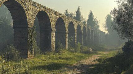 Stone Aqueduct Under Soft Morning Light Surrounded by Lush Greenery and Misty Atmosphere
