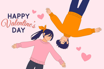 Happy valentines day a couple lying down with smile expression. Cartoon illustration background