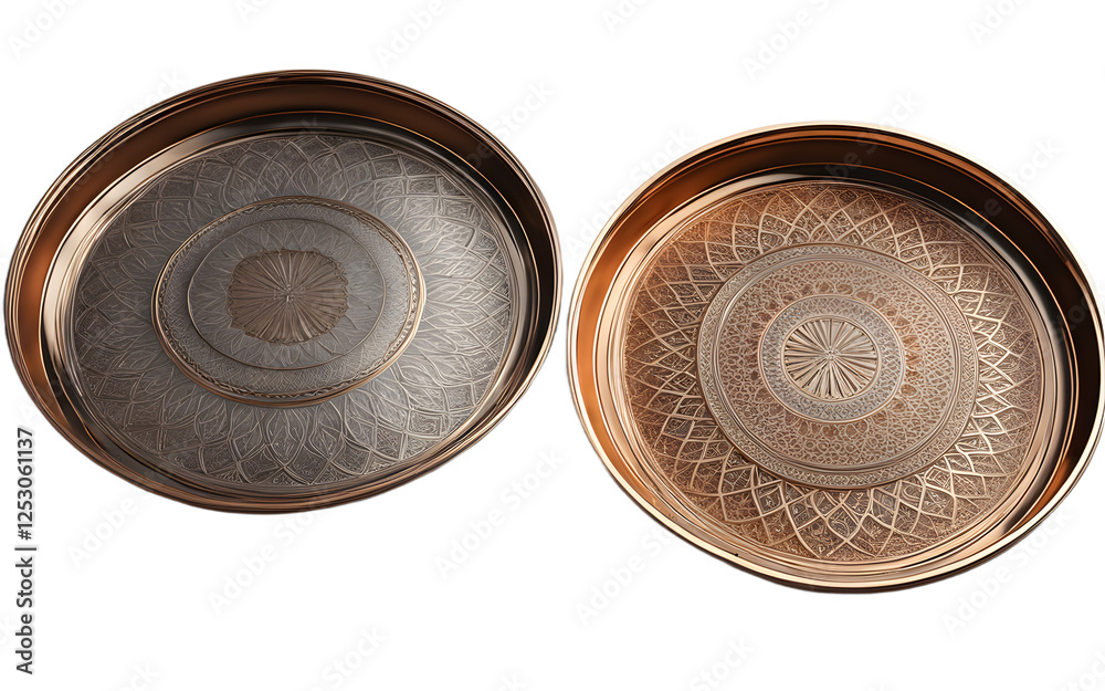 Poster A set of two decorative metal trays with intricate patterns on a empty plain background