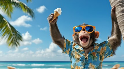 A cheerful monkey in a Hawaiian shirt and sunglasses holds an ice cream cone aloft on a sunny beach, palm trees and ocean provide a vibrant backdrop.