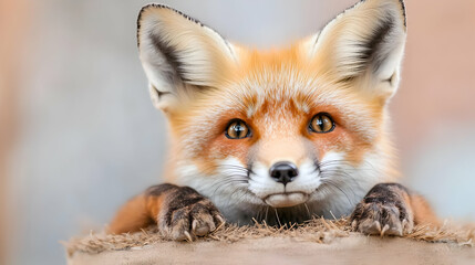 Fototapeta premium Curious red fox peering over fence, blurred background, nature wildlife image
