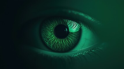 Fototapeta premium A close-up of a human eye, featuring intricate patterns and a striking green hue reflecting deep emotions and insights. The image evokes feelings of curiosity and contemplation.
