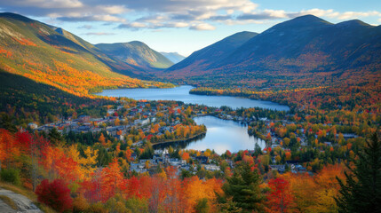 Fototapeta premium Vibrant autumn landscape showcasing mountains and valleys in golden hour light