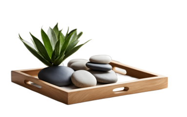 A simple wooden tray holding decorative stones and a small plant on a empty plain background