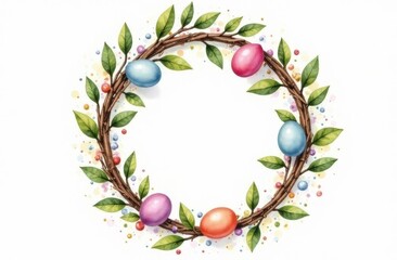 A wreath of branches with Easter eggs in pastel colors on a light background, space for advertising, text, words