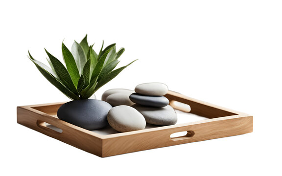 A simple wooden tray holding decorative stones and a small plant on a empty plain background