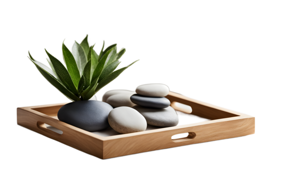 A simple wooden tray holding decorative stones and a small plant on a empty plain background
