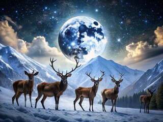 Majestic Night Landscape: Wild Animals Under Starry Sky