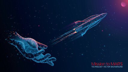 Vector illustration. Polygonal style. Technological abstract futuristic dark blue background. Human hand launches space satellite to planet Mars. Glow effect. Future, technology and innovation. 