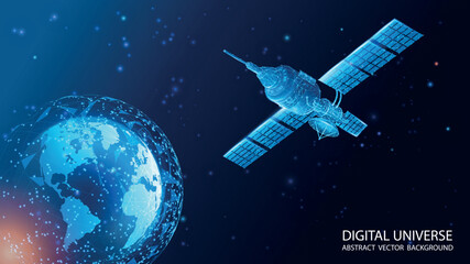 Vector realistic illustration. Blue abstract technology background with planet Earth and space satellite in polygonal style. Internet satellites transmit signals. Map of the planet. Future. 