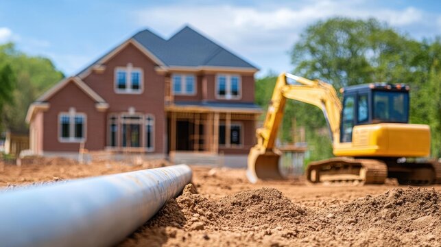 Large water pipe installation in front of a new residential home construction, excavator in background blurs the developing property.