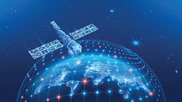 Vector abstract futuristic image. Realistic space communication satellite flies over the surface of planet Earth. Global Internet communication system, innovations and modern technologies. Planet Eart