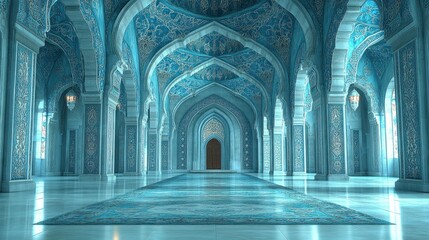 Majestic blue-tiled interior of a grand hall with intricate arches and soft lighting