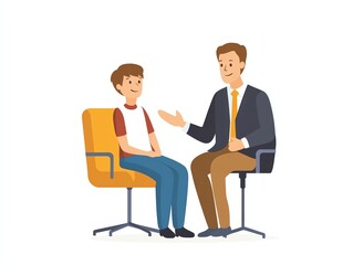 Illustration of a man and a boy having a conversation on chairs.
