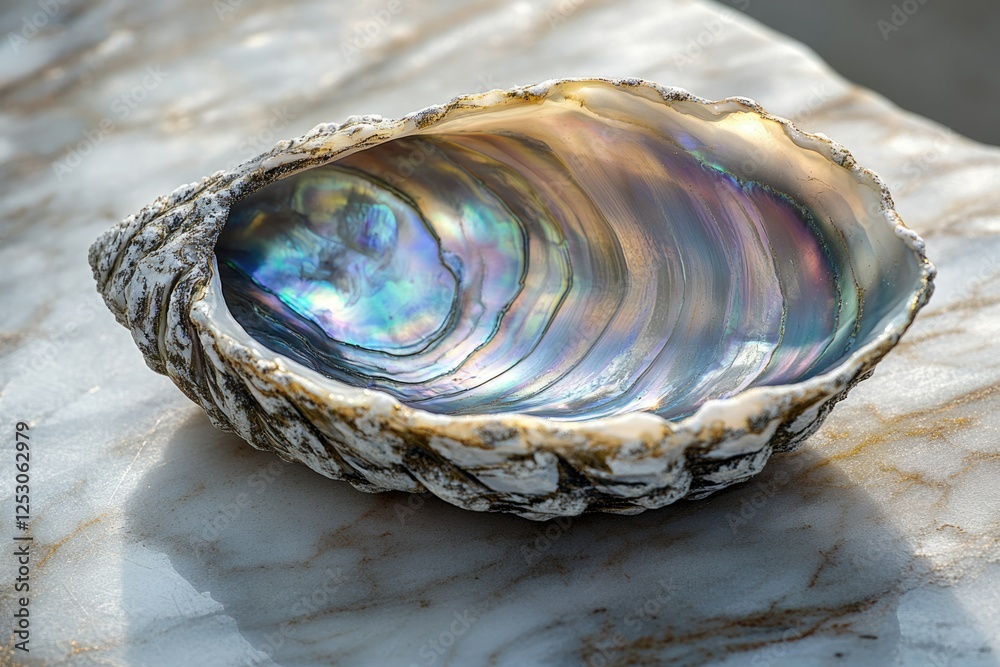 Aufkleber a mesmerizing abalone shell, showcasing iridescent colors and intricate textures, rests on a marble 