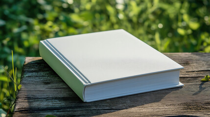 A blank book cover template rests on a weathered wooden surface, inviting creative possibilities. The vibrant green foliage in the background enhances the natural ambiance, perfect for design mockups