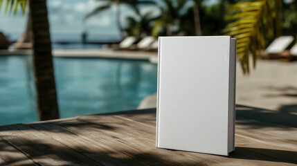 Set against a tranquil poolside backdrop, a blank book cover template stands on a rustic wooden table. The sunlight creates a calm, inviting atmosphere perfect for creative projects