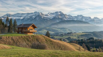 Obraz premium A cozy wooden house sitting atop a hill, surrounded by breathtaking mountainous landscapes. The scenic view showcases rolling hills, snow-capped peaks, and a serene, expansive sky
