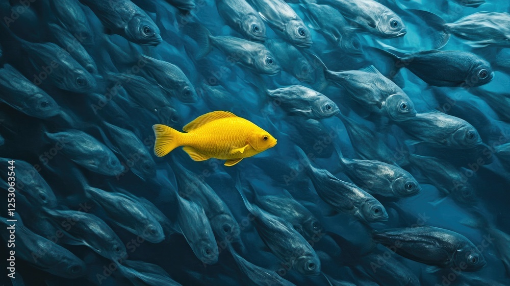 Canvas Prints A lone yellow fish courageously swimming against a stream of gray fish in a vibrant and tranquil blue aquatic environment.