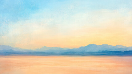 Naklejka premium Serene Landscape at Dawn With Soft Colors and Distant Mountains in the Horizon
