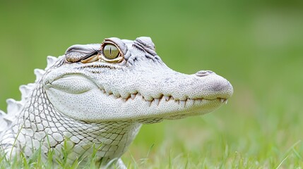 Fototapeta premium Young alligator portrait, green grass background, wildlife