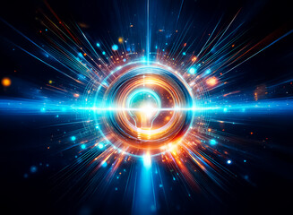 Fototapeta premium Bright light bulb at the core, surrounded by circular elements and radiating beams on dark backdrop. Represents innovation, idea generation, and energy.