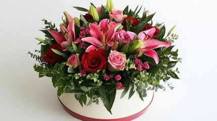 A lush flower bouquet with red roses and pink lilies surrounded by green foliage in a gift box.