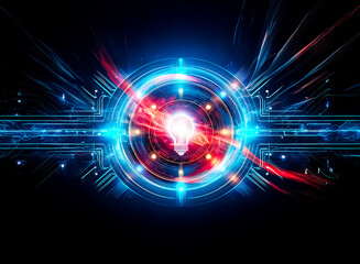 Glowing light bulb surrounded by futuristic tech circles with blue and orange lights, creating a bright digital idea on a dark backdrop.