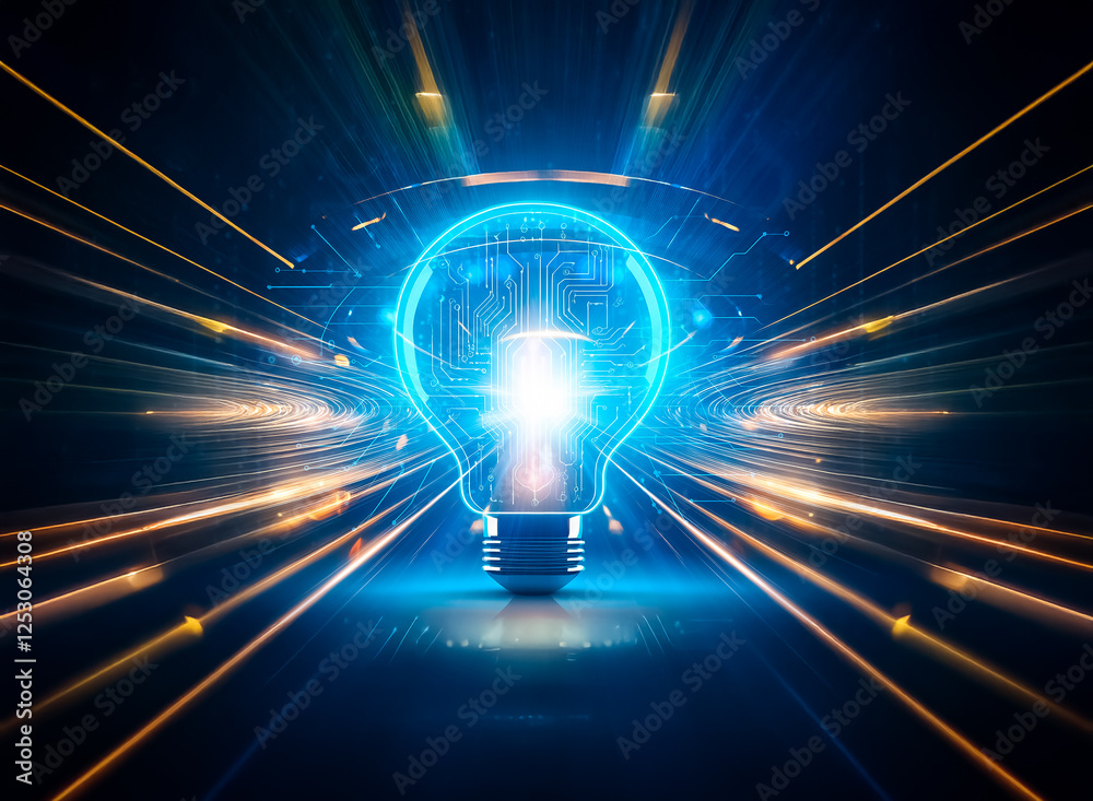 Poster A glowing lightbulb with a circuit board inside, symbolizing innovation and technological advancement.  The image features a dark blue background and a reflective surface.