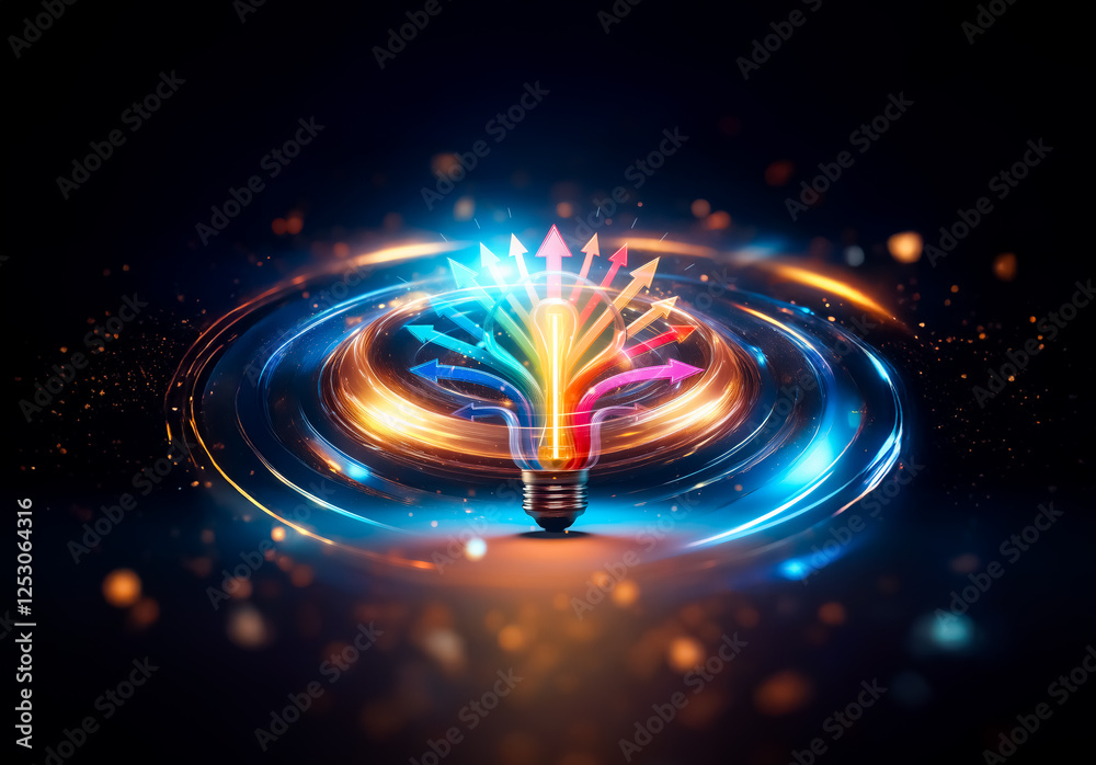 Poster colorful lightbulb with arrows spreading outwards against a dark background. symbolic of ideas, crea