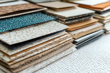 A neatly arranged stack of various fabric swatches, showcasing diverse textures and colors for interior design selection.