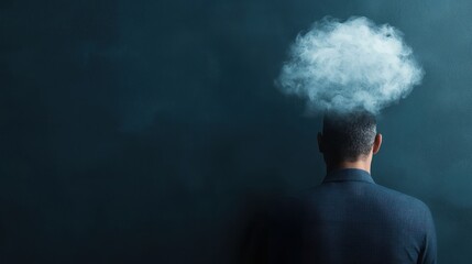 A contemplative scene depicting a man from behind, where a cloud symbolizes thoughts or ideas, reflecting introspection and the complexity of the human mind.