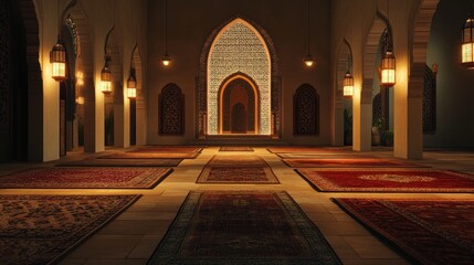 Serene interior of a beautifully designed mosque showcasing intricate carpets and warm lighting