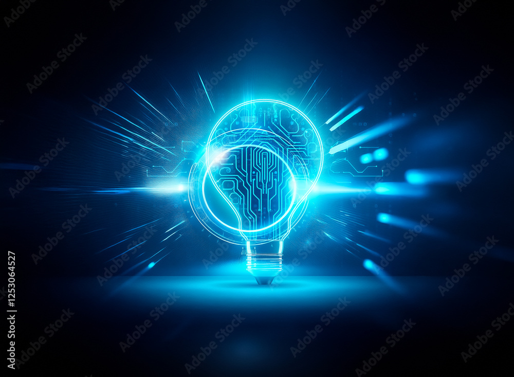 Poster glowing lightbulb with integrated circuit design, symbolizing innovation and technological advanceme