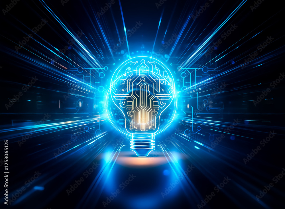Poster a glowing lightbulb with a circuit board inside, symbolizing innovation and technological advancemen