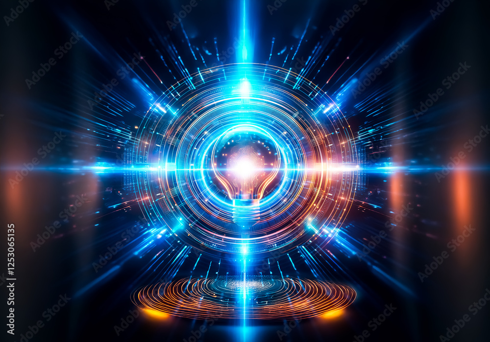 Aufkleber glowing light bulb encircled by digital lines and dots in blue and orange hues, symbolizing innovati
