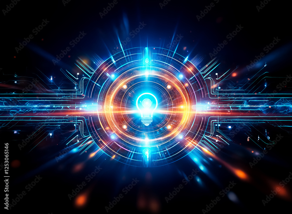 Aufkleber Glowing light bulb surrounded by futuristic tech circles with blue and orange lights, creating a bright digital idea on a dark backdrop.